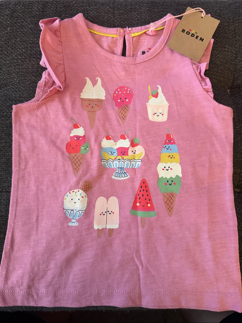 Mini Boden Pink Ice Cream & Popsicle Graphic Tank with Ruffle Sleeves